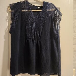 Cato Navy Lace Women's Blouse Size L Euc